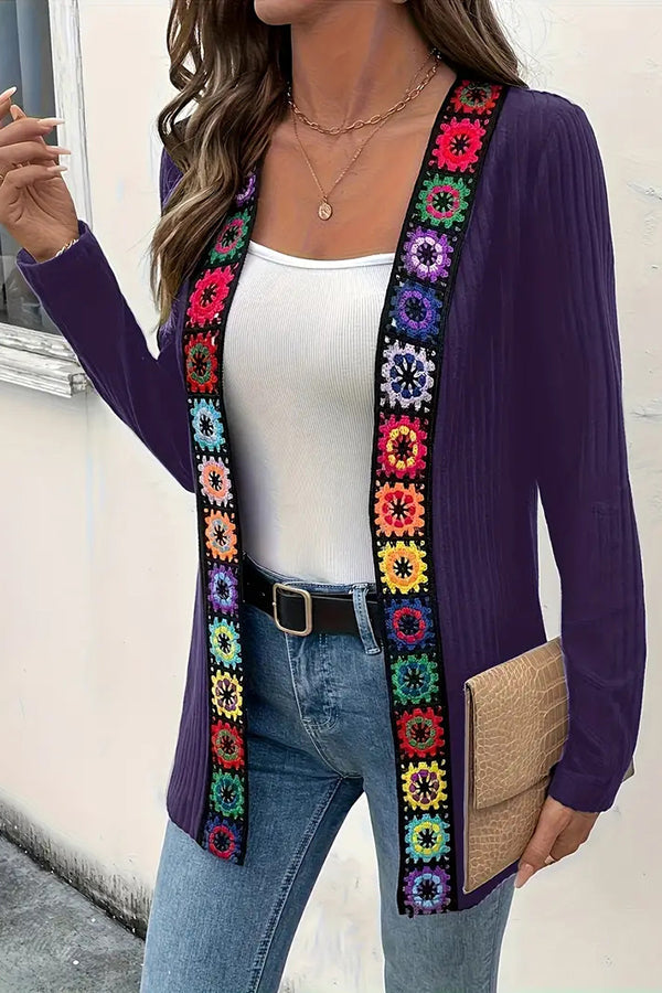 Rosamund | Women's Boho Floral Trim Long Cardigan