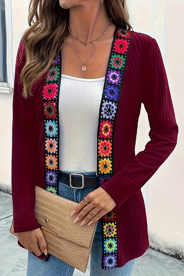 Rosamund | Women's Boho Floral Trim Long Cardigan