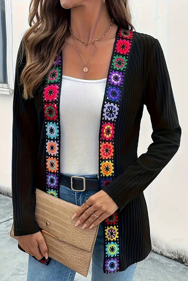 Rosamund | Women's Boho Floral Trim Long Cardigan