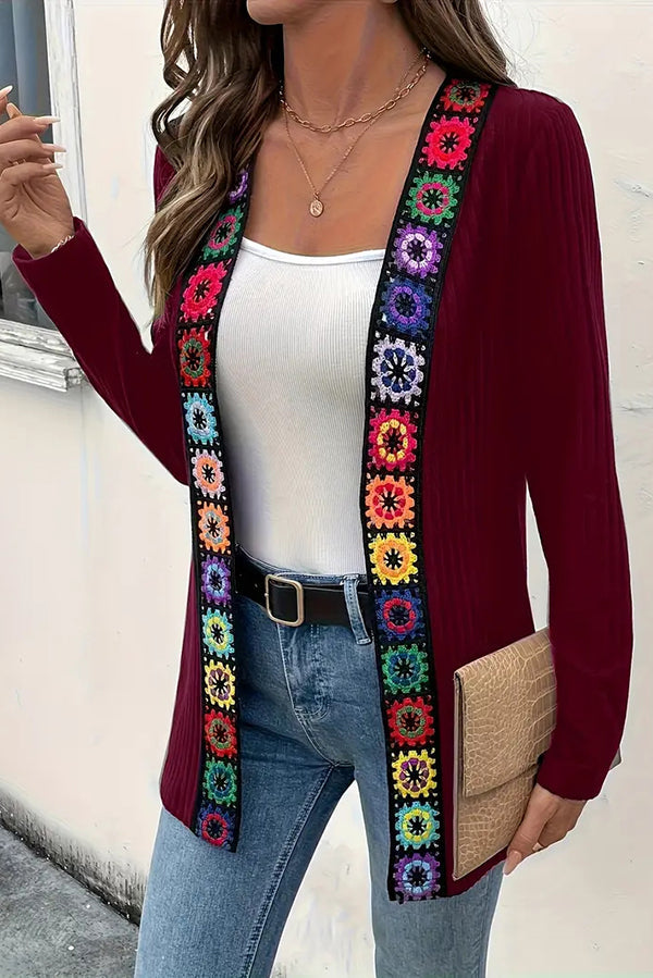 Rosamund | Women's Boho Floral Trim Long Cardigan