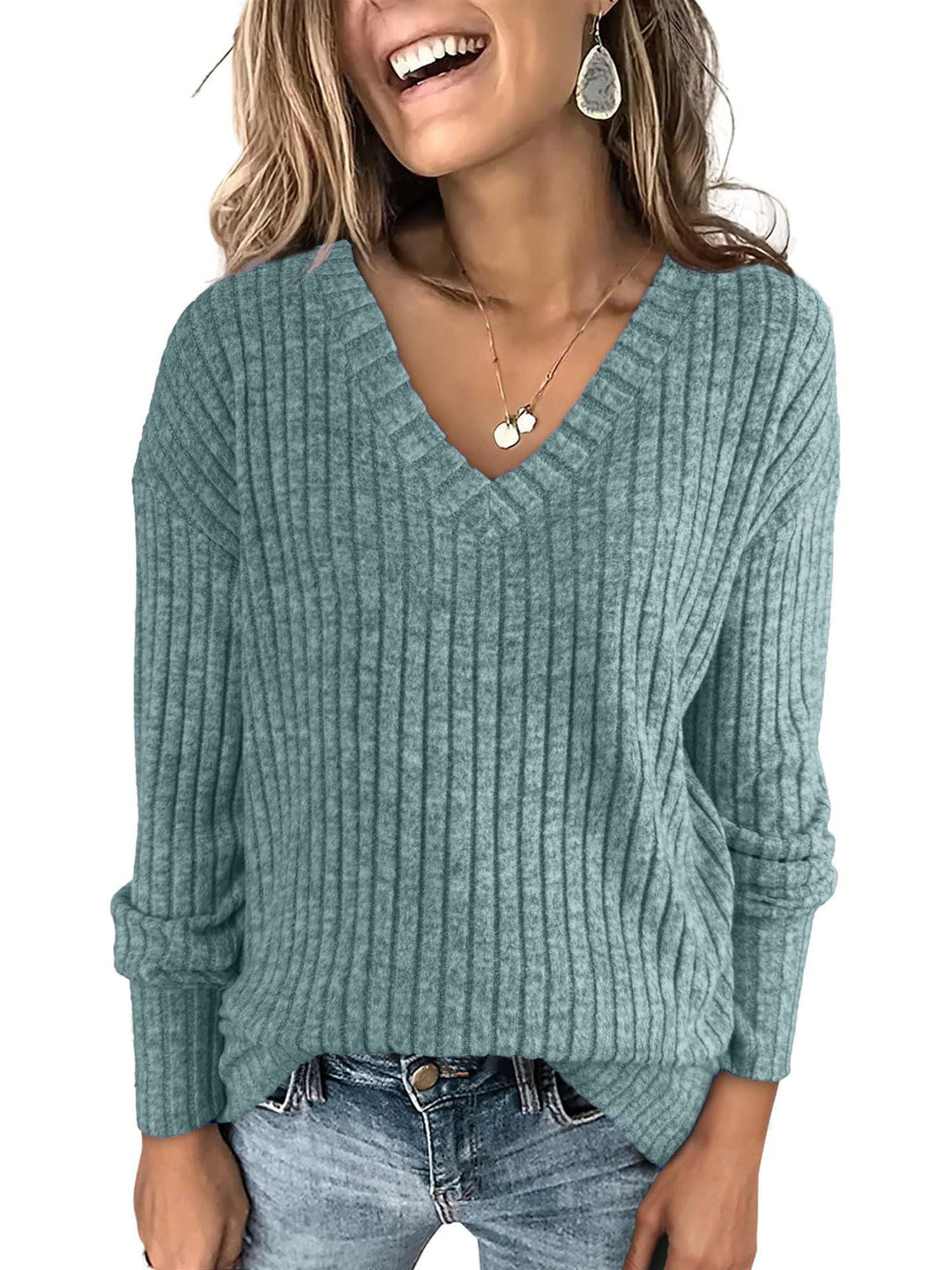 Camille | Women's Ribbed V-Neck Long Sleeve Sweater