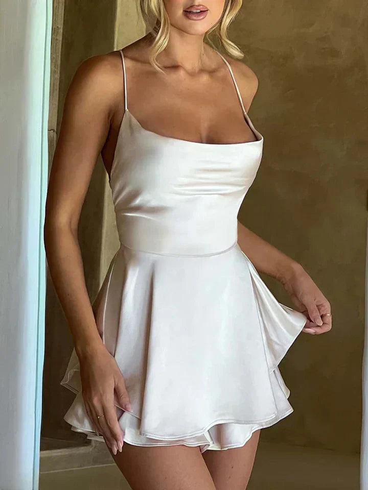 Celeste | Women's Satin Cowl-Neck Spaghetti-Strap Homecoming Mini Dress