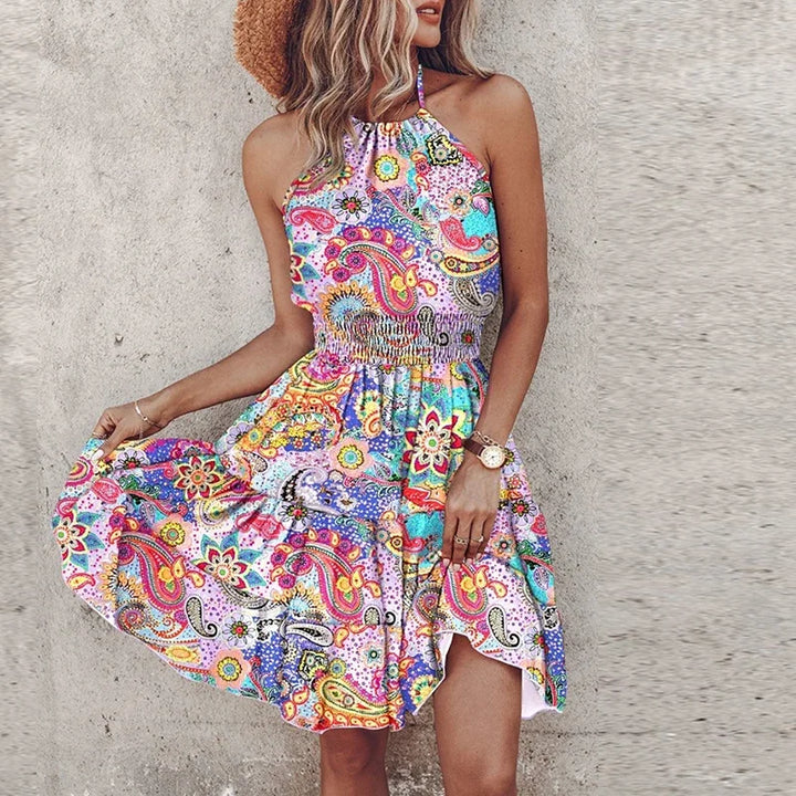 Chloe | Women's Boho Printed Tiered Halter Neck Mini Dress