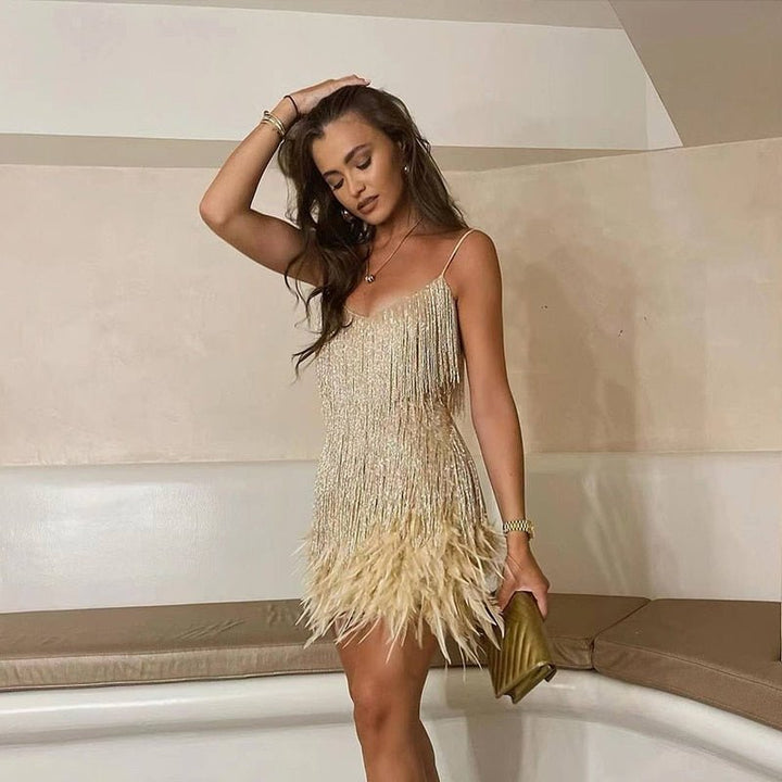 Delilah | Women's Homecoming Fringe V-Neck Feather Mini Dress