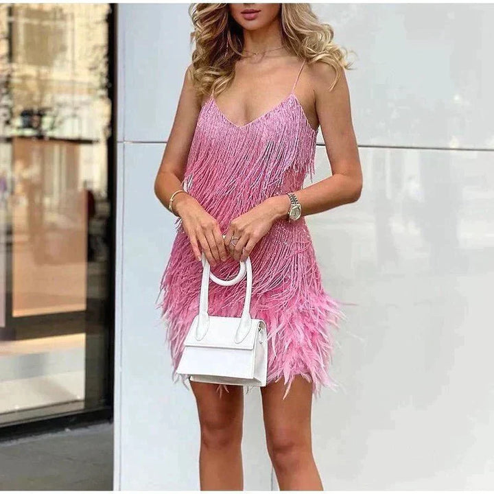 Delilah | Women's Homecoming Fringe V-Neck Feather Mini Dress