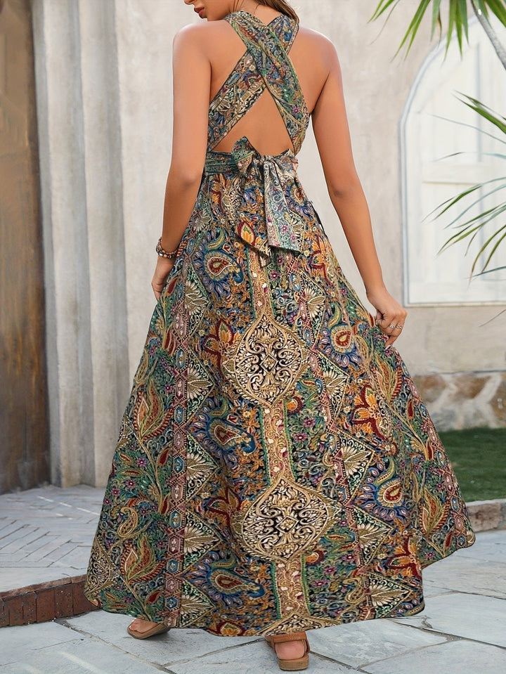 Elena | Women's Boho Halter Neck Paisley Slit Maxi Dress