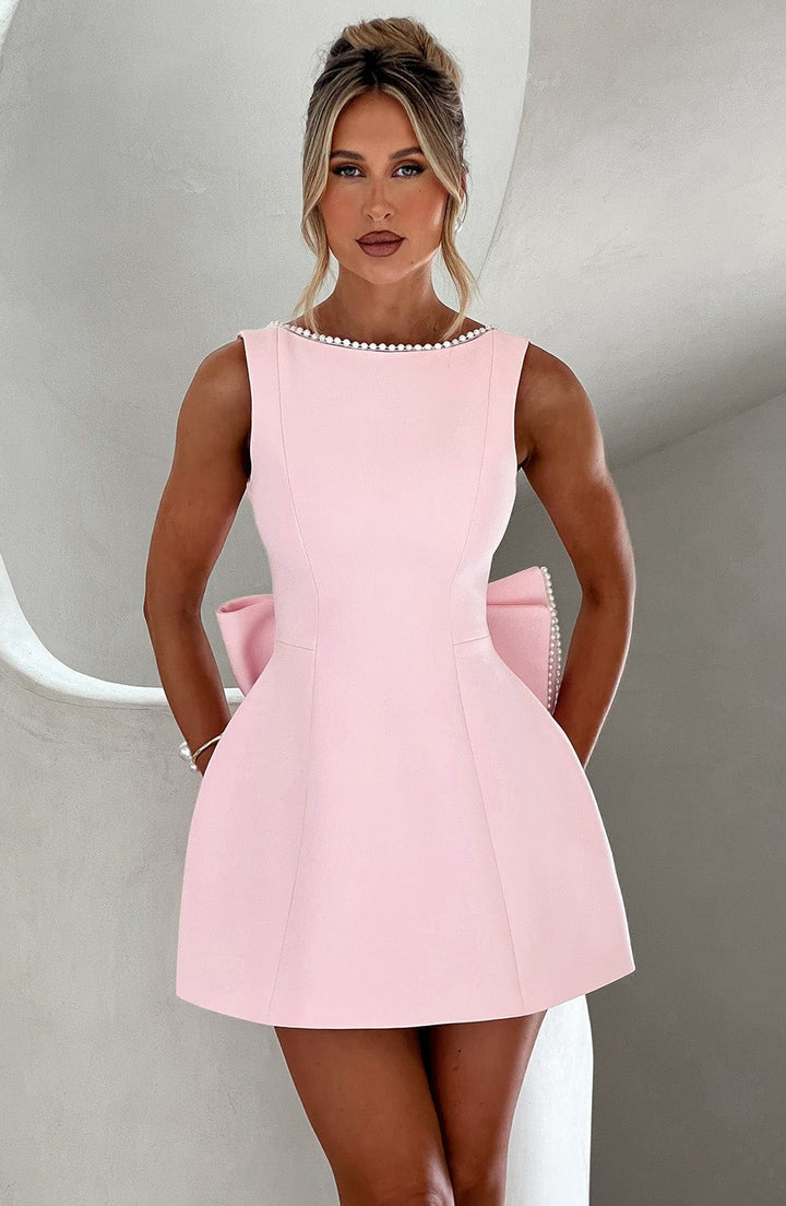 Genevieve | Women's Homecoming Pearl-Trim Bow-Back Mini Dress