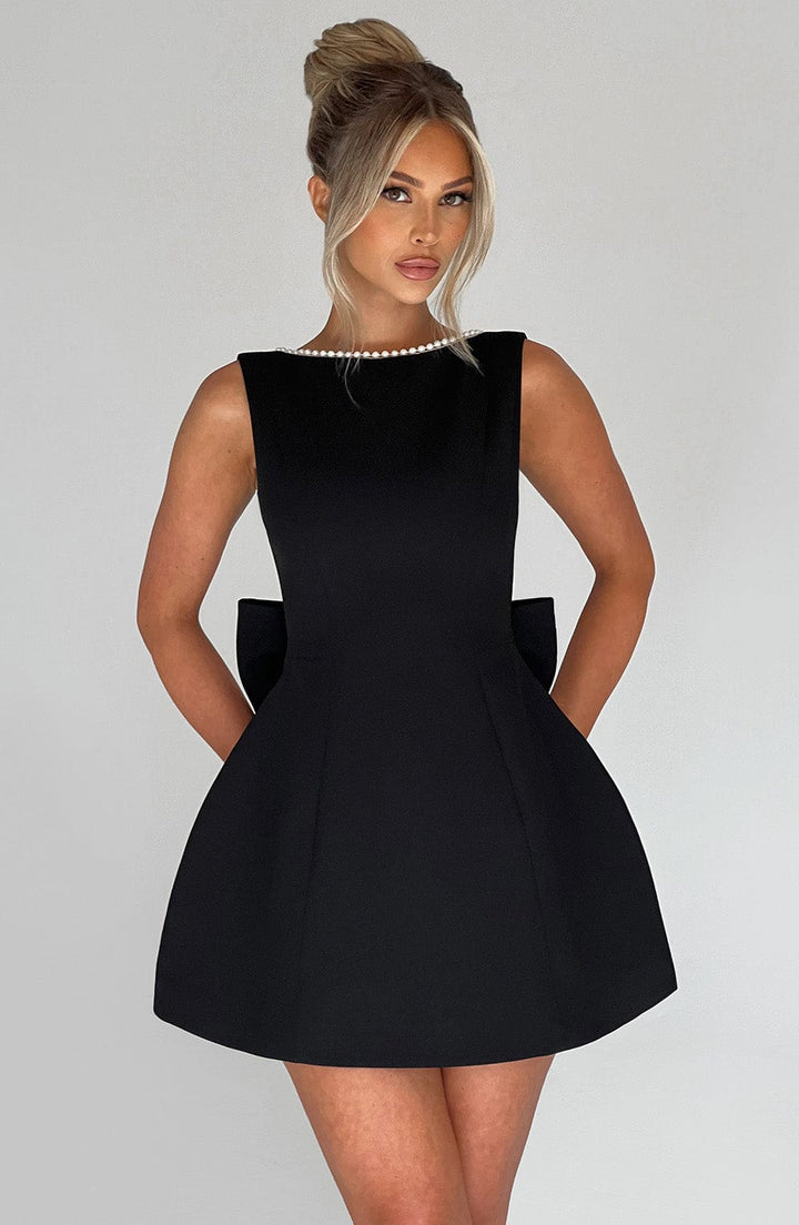 Genevieve | Women's Homecoming Pearl-Trim Bow-Back Mini Dress