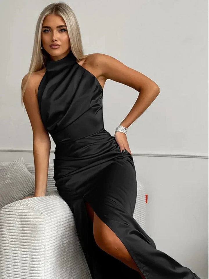 Maeve | Women's Leg Opening Halter Neck Satin Maxi Dress
