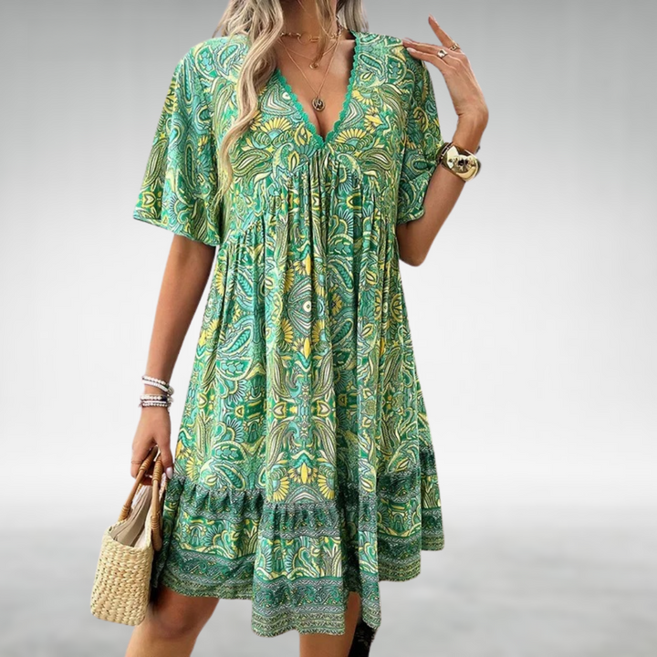 Maren | Women's Boho Print V Neck Flutter Sleeve Mini Dress