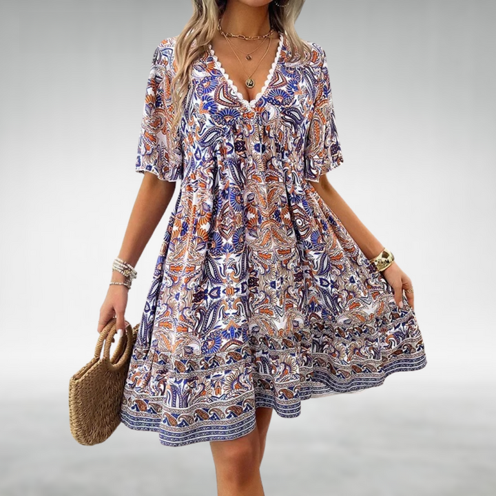Maren | Women's Boho Print V Neck Flutter Sleeve Mini Dress