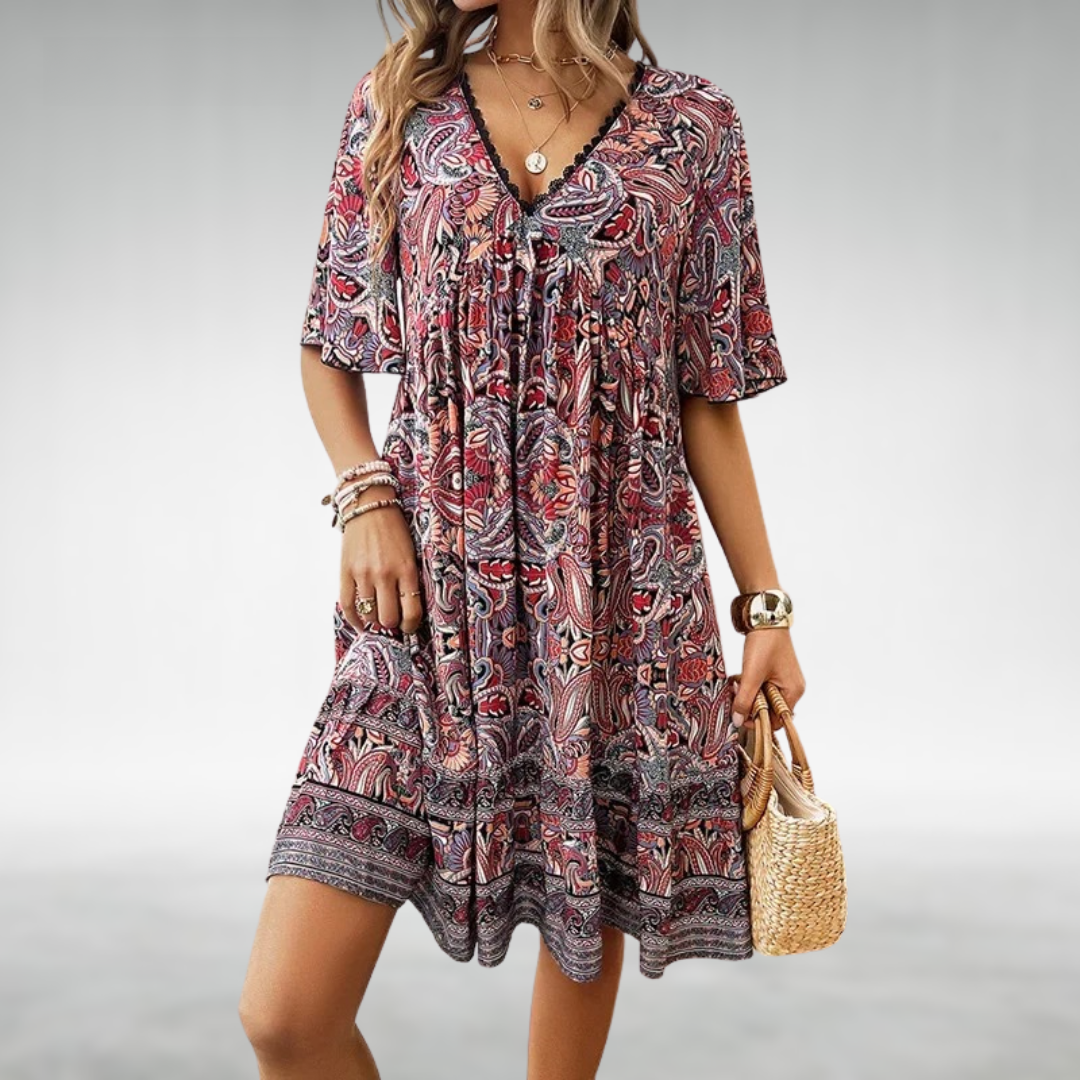Maren | Women's Boho Print V Neck Flutter Sleeve Mini Dress