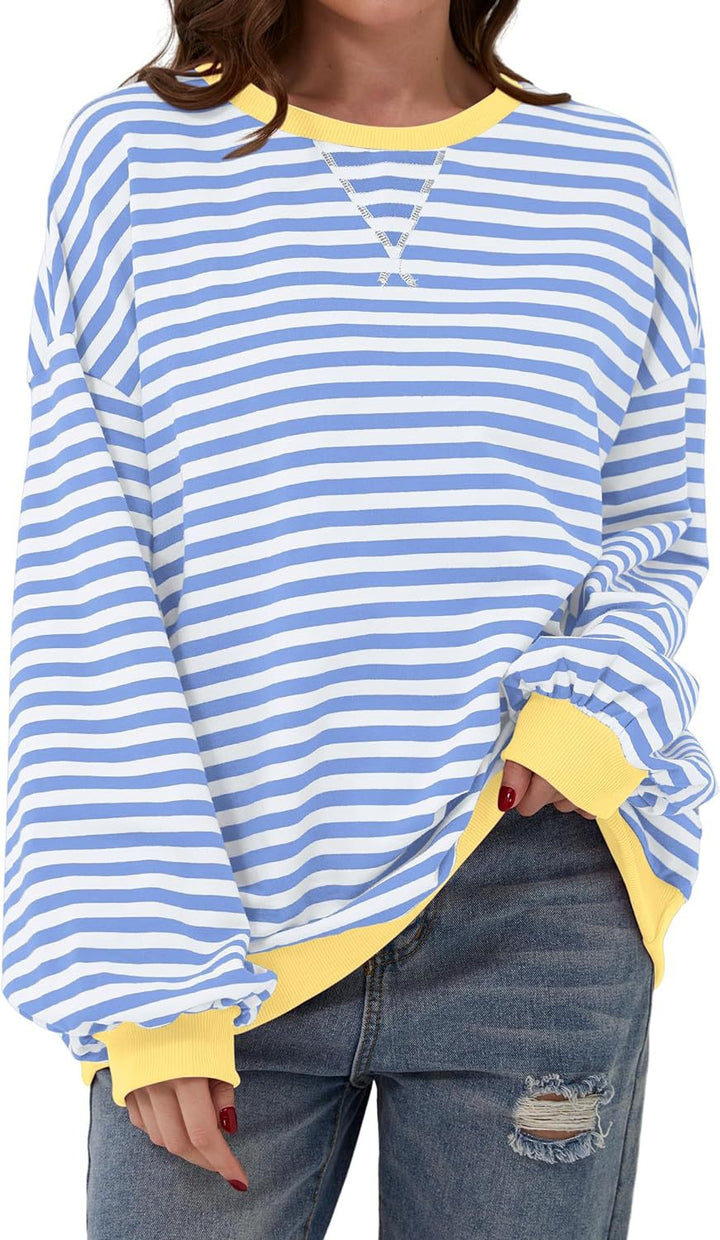 Simone | Women's Striped Contrast Crew Neck Long Sleeve Sweater