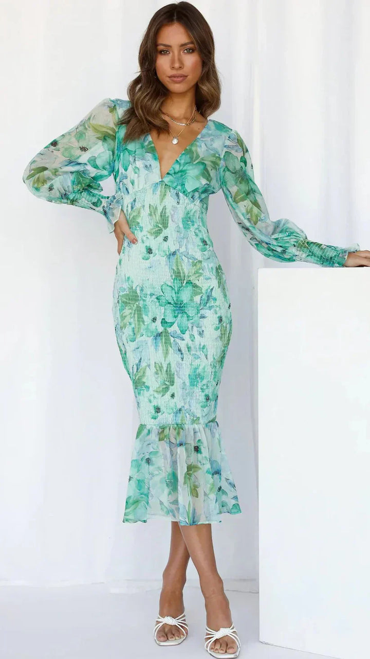 Rosalind | Women's Homecoming Floral Printed V-Neck Midi Dress