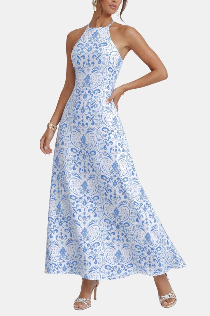 Saskia | Women's Boho Halter Neck Backless Flare Maxi Dress