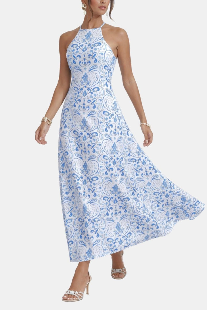 Saskia | Women's Boho Halter Neck Backless Flare Maxi Dress