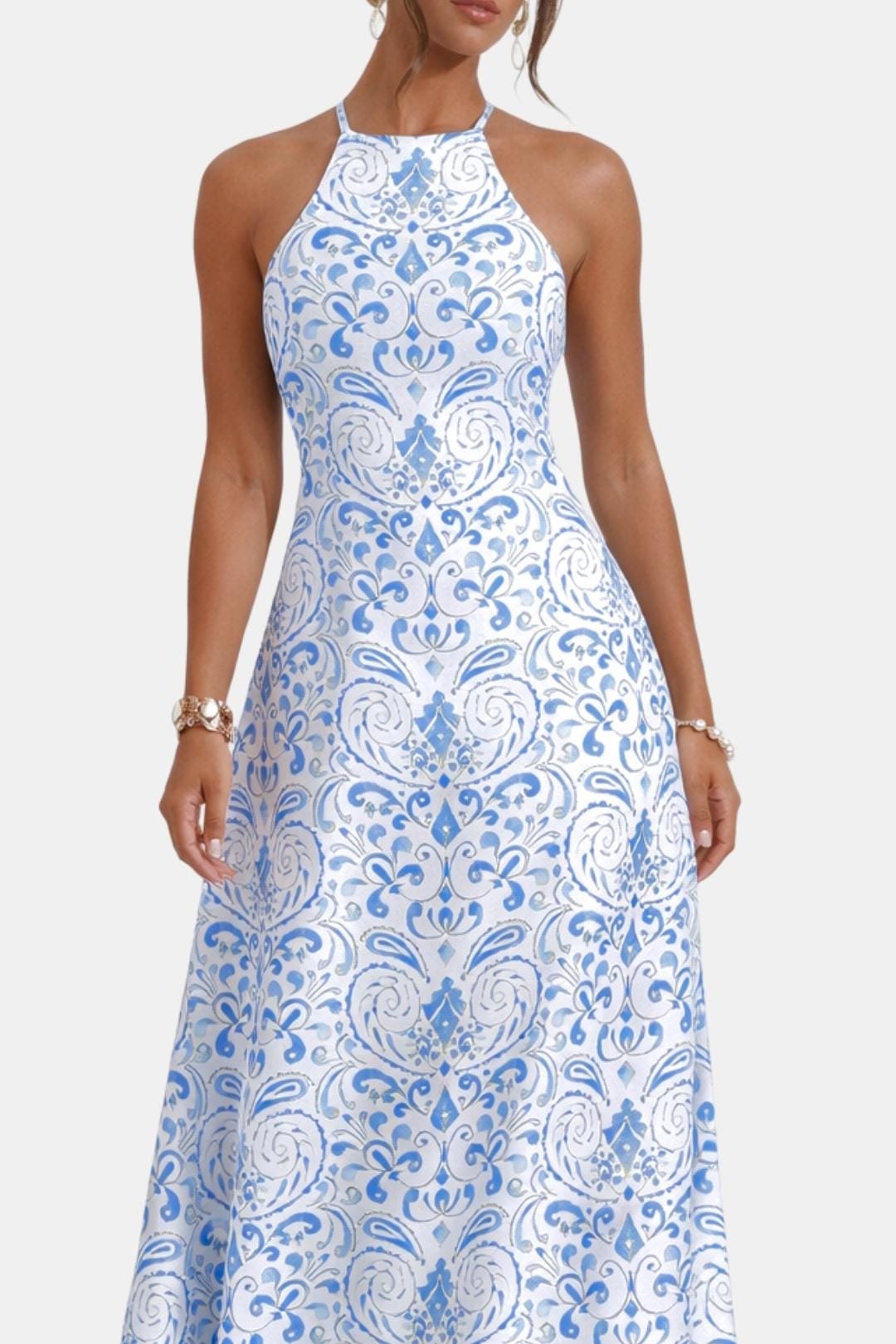 Saskia | Women's Boho Halter Neck Backless Flare Maxi Dress