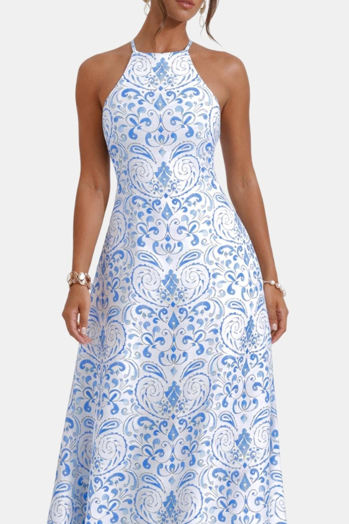 Saskia | Women's Boho Halter Neck Backless Flare Maxi Dress