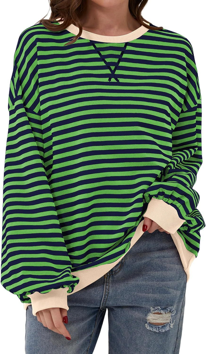 Simone | Women's Striped Contrast Crew Neck Long Sleeve Sweater