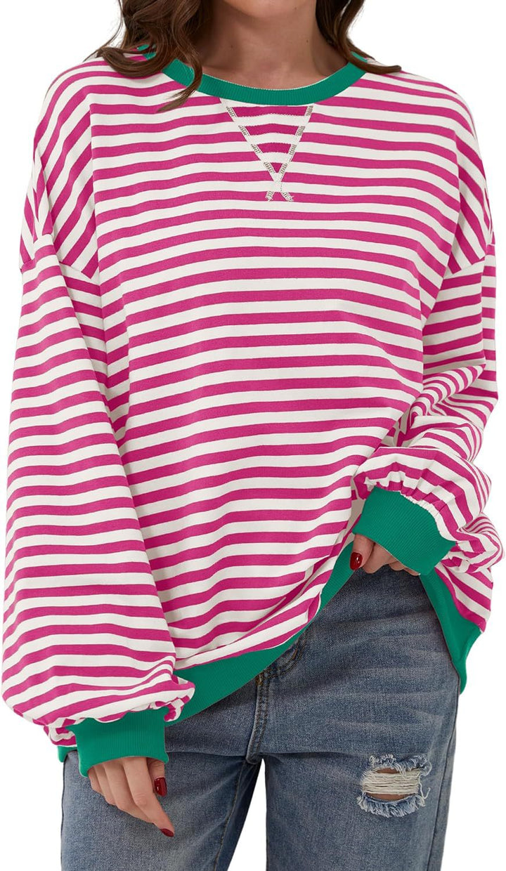 Simone | Women's Striped Contrast Crew Neck Long Sleeve Sweater