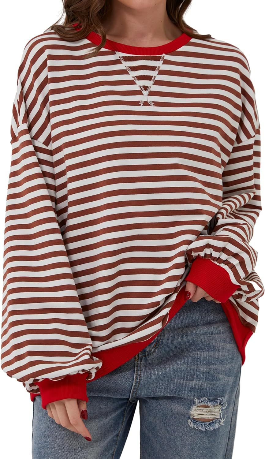 Simone | Women's Striped Contrast Crew Neck Long Sleeve Sweater