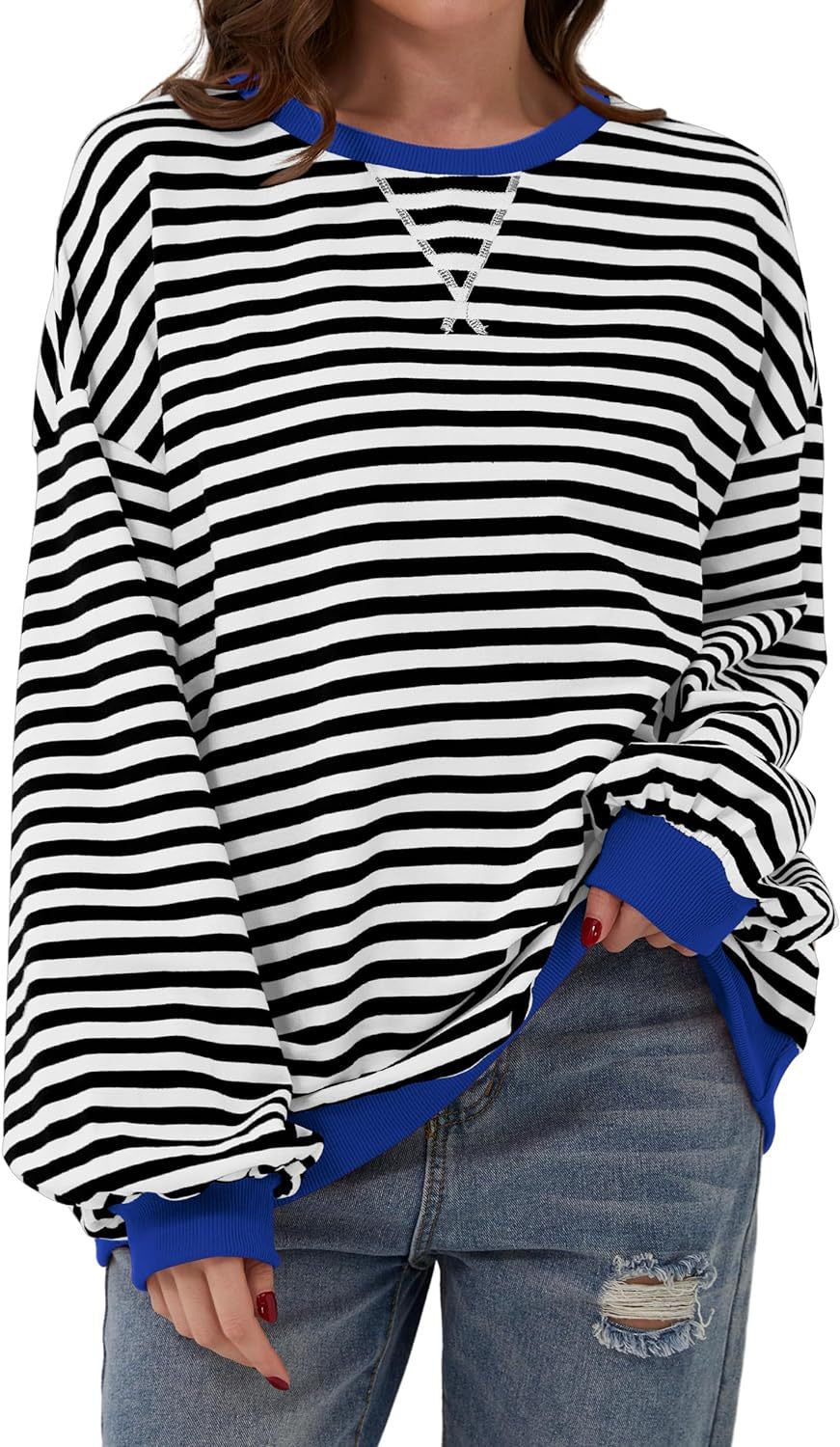Simone | Women's Striped Contrast Crew Neck Long Sleeve Sweater
