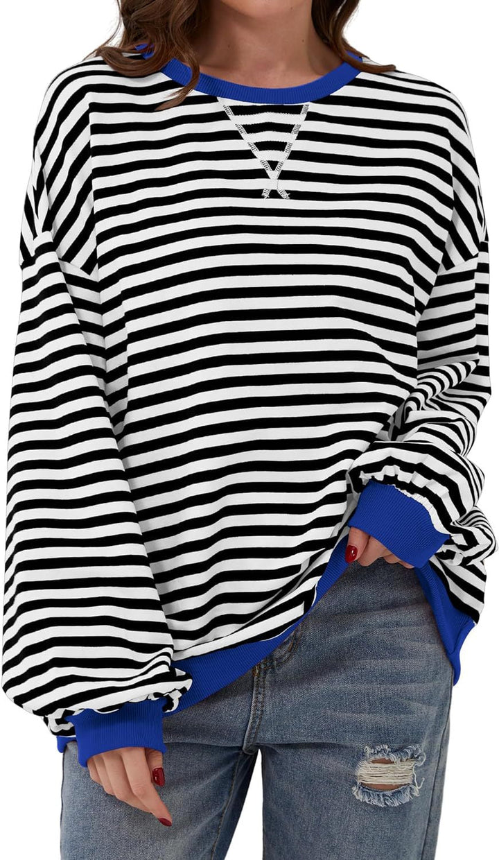 Simone | Women's Striped Contrast Crew Neck Long Sleeve Sweater