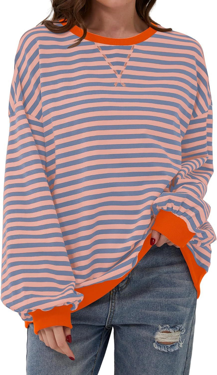 Simone | Women's Striped Contrast Crew Neck Long Sleeve Sweater