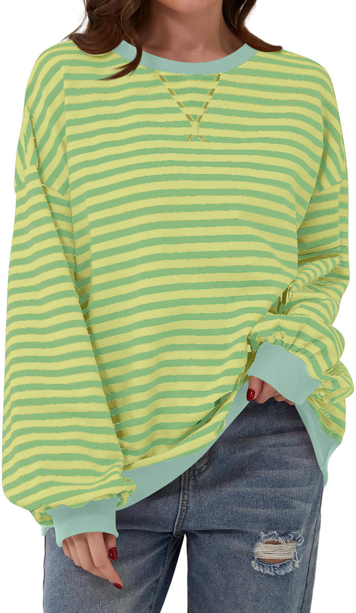 Simone | Women's Striped Contrast Crew Neck Long Sleeve Sweater