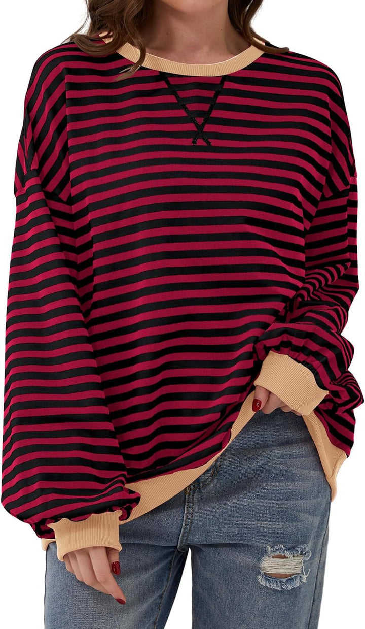 Simone | Women's Striped Contrast Crew Neck Long Sleeve Sweater