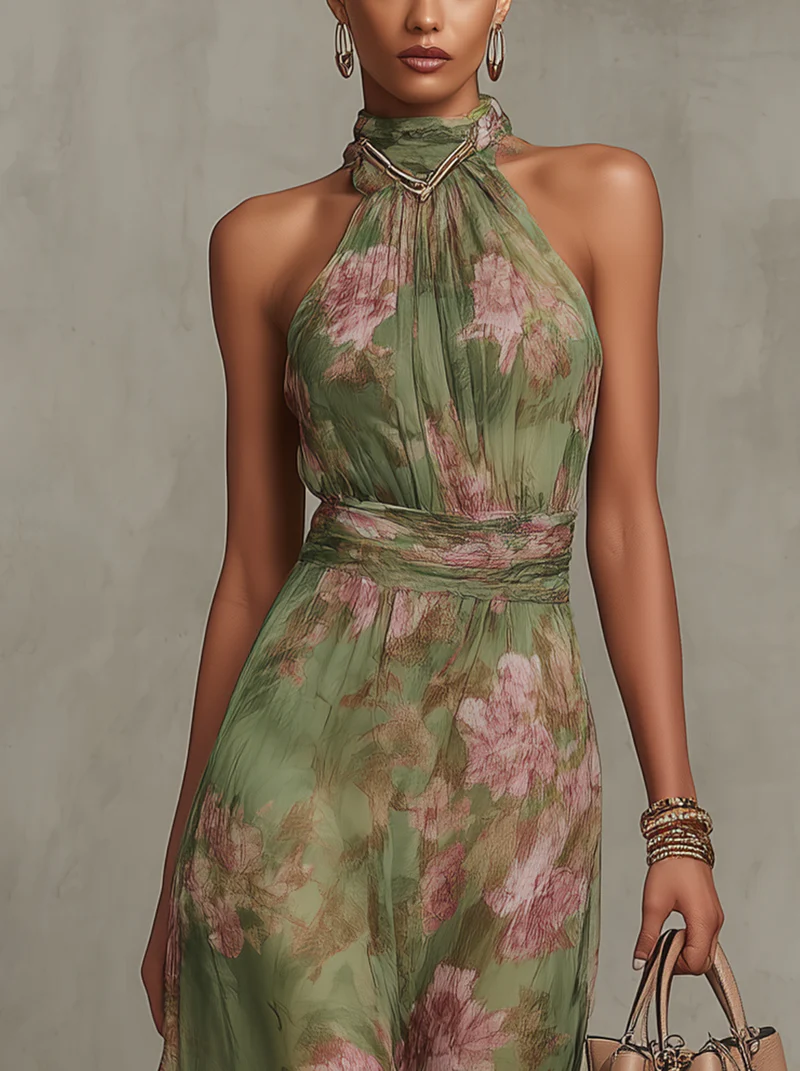 Sophia | Women's Floral Sleeveless Maxi Halter Neck Dress