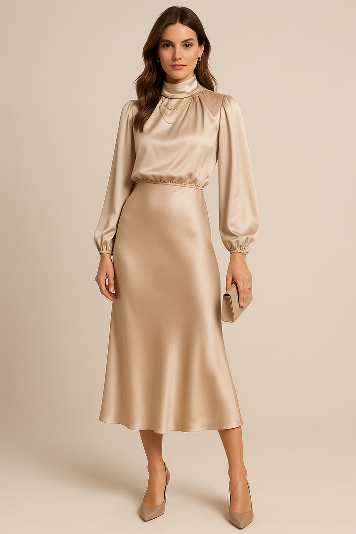 Viorica | Women's Wedding Guest High Waist Mock Neck Midi Dress