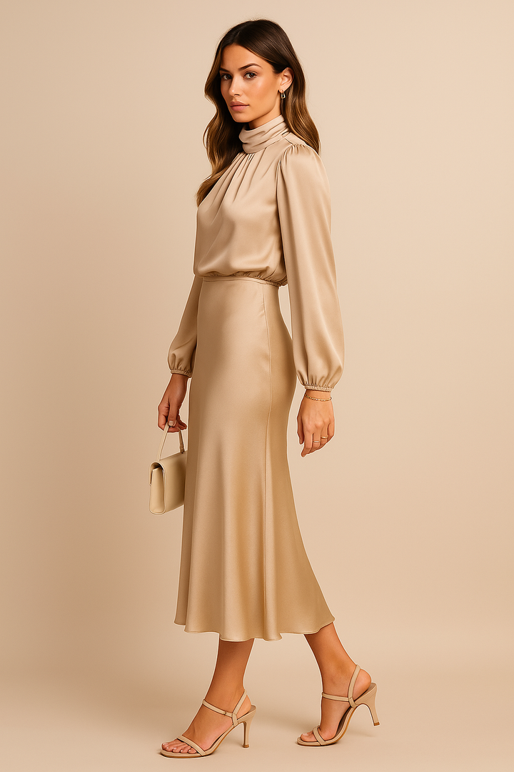 Viorica | Women's Wedding Guest High Waist Mock Neck Midi Dress