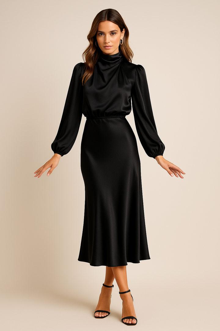 Viorica | Women's Wedding Guest High Waist Mock Neck Midi Dress