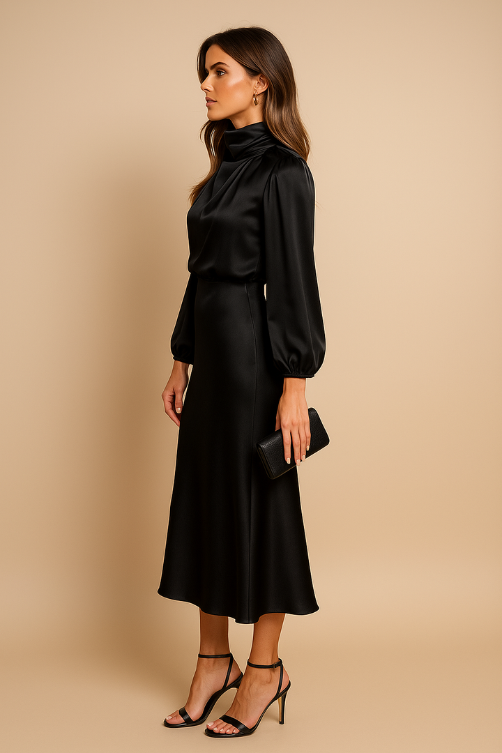 Viorica | Women's Wedding Guest High Waist Mock Neck Midi Dress