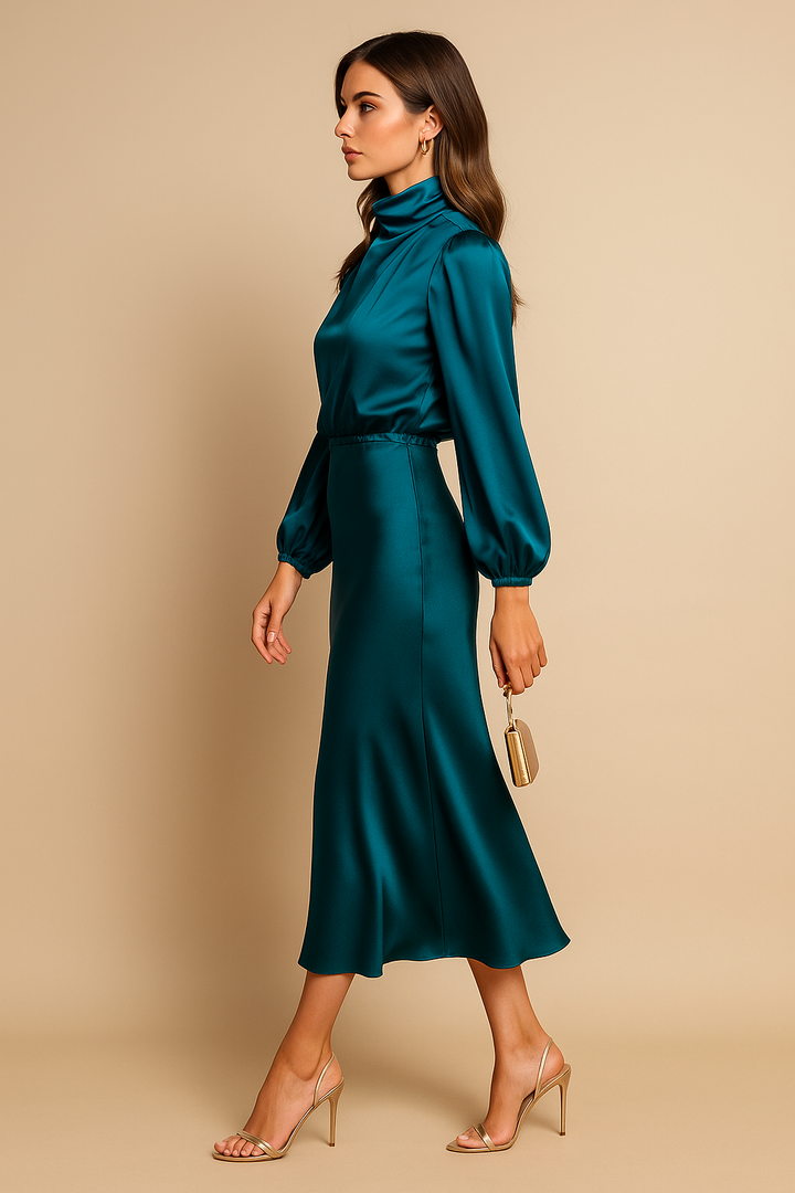 Viorica | Women's Wedding Guest High Waist Mock Neck Midi Dress