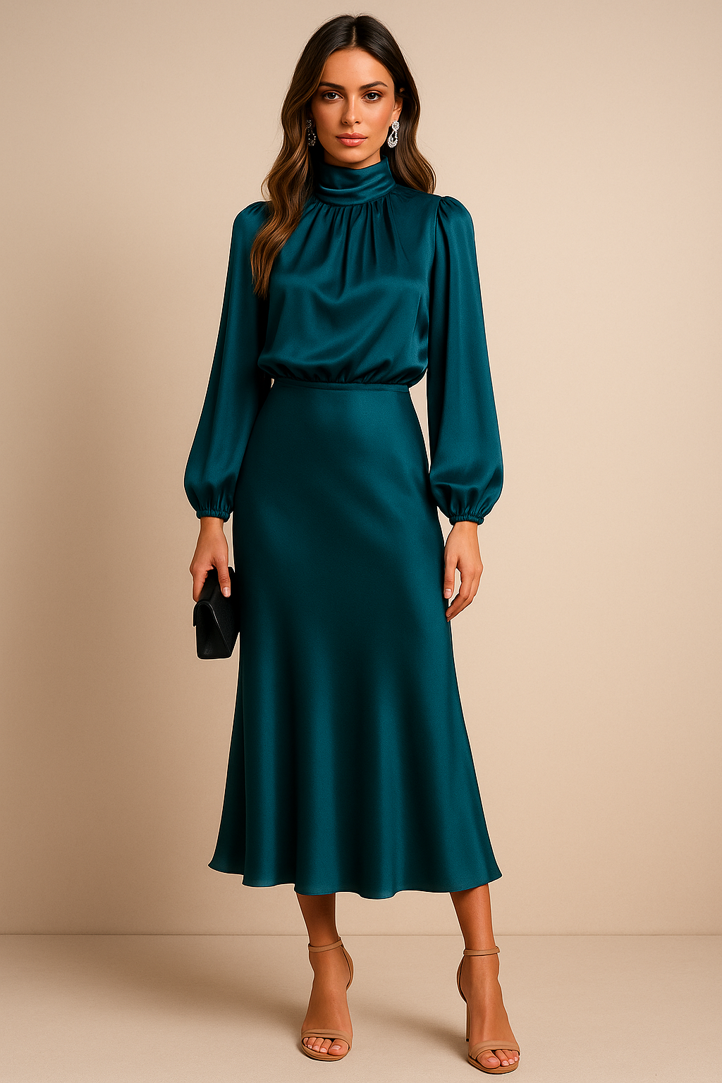 Viorica | Women's Wedding Guest High Waist Mock Neck Midi Dress