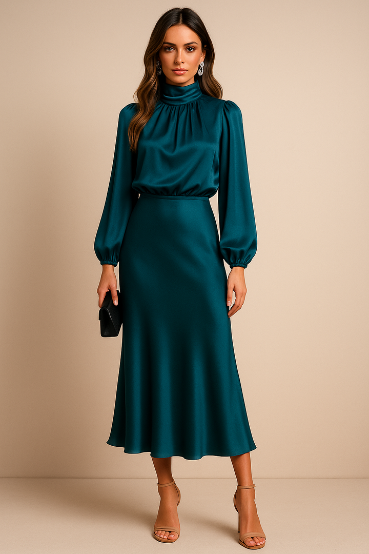 Viorica | Women's Wedding Guest High Waist Mock Neck Midi Dress