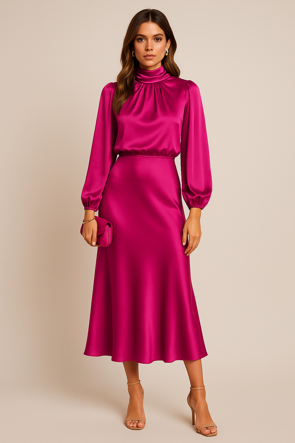 Viorica | Women's Wedding Guest High Waist Mock Neck Midi Dress
