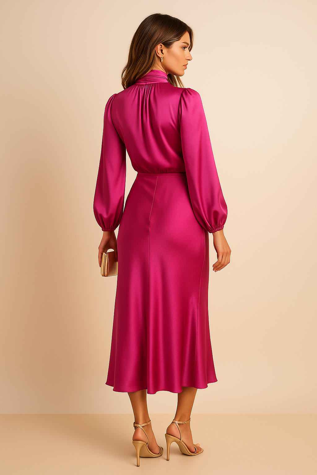 Viorica | Women's Wedding Guest High Waist Mock Neck Midi Dress