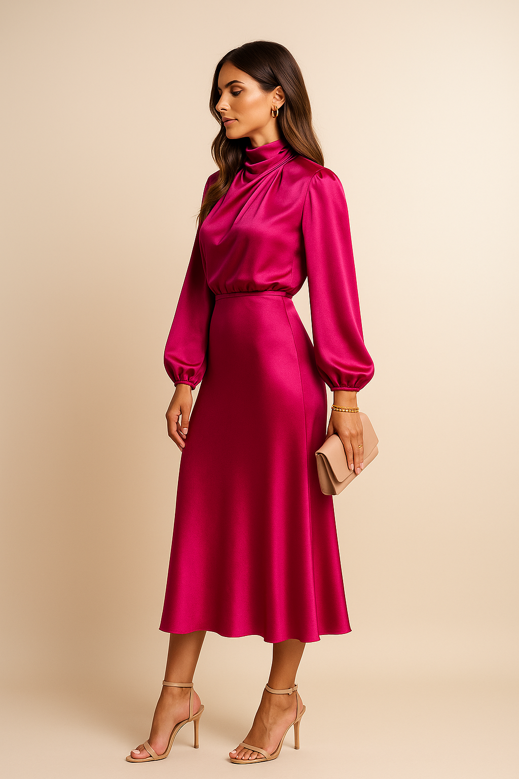 Viorica | Women's Wedding Guest High Waist Mock Neck Midi Dress