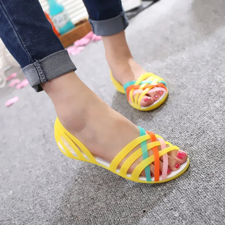 Zinnia | Women's Peep Toe Crisscross Slingback Flat Jelly Sandals