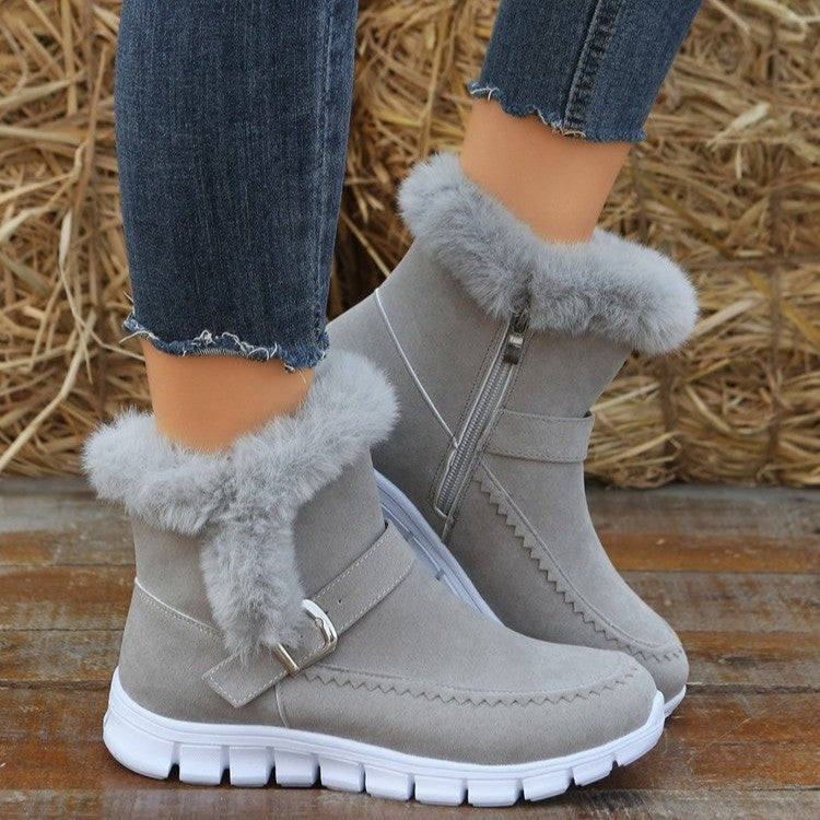 Adaline fur collar suede ankle boots in gray, side view on model