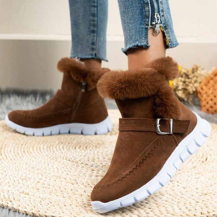 Adaline fur collar suede ankle boots in dark brown, side view on model