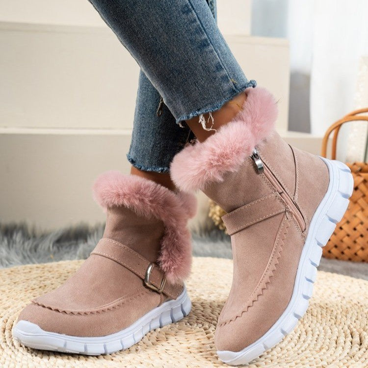 Adaline fur collar suede ankle boots in pink, side view on model