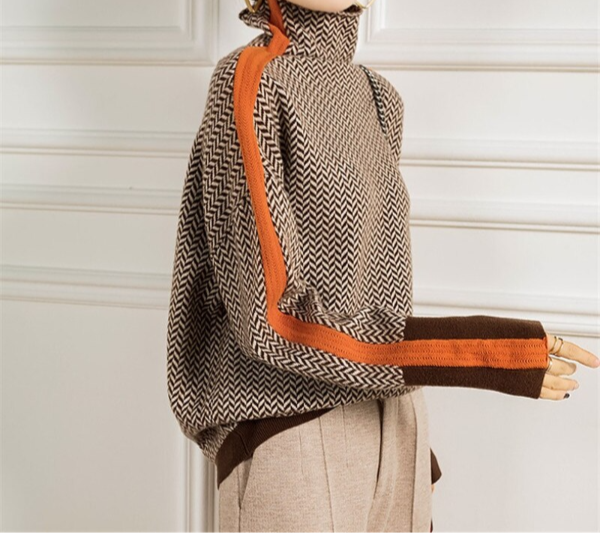 Adalyn herringbone turtleneck sweater close-up of contrast trim sleeve