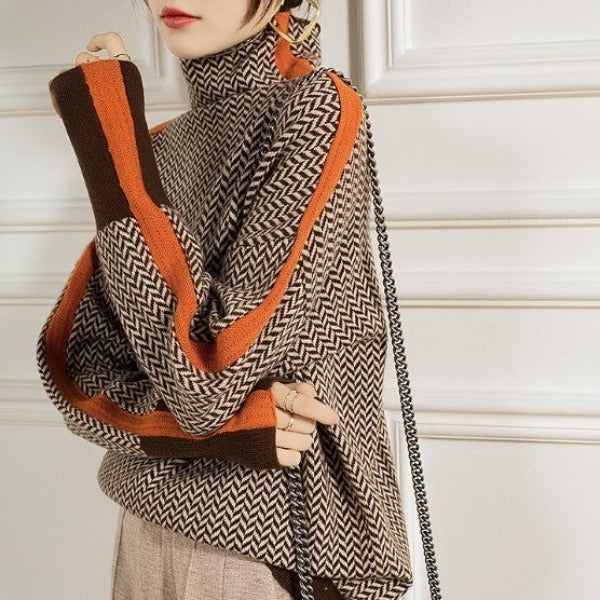 Adalyn herringbone turtleneck sweater draped side view with contrast trim