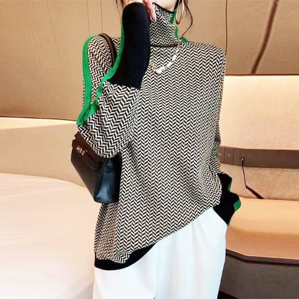 Adalyn herringbone sweater in green contrast trim variant