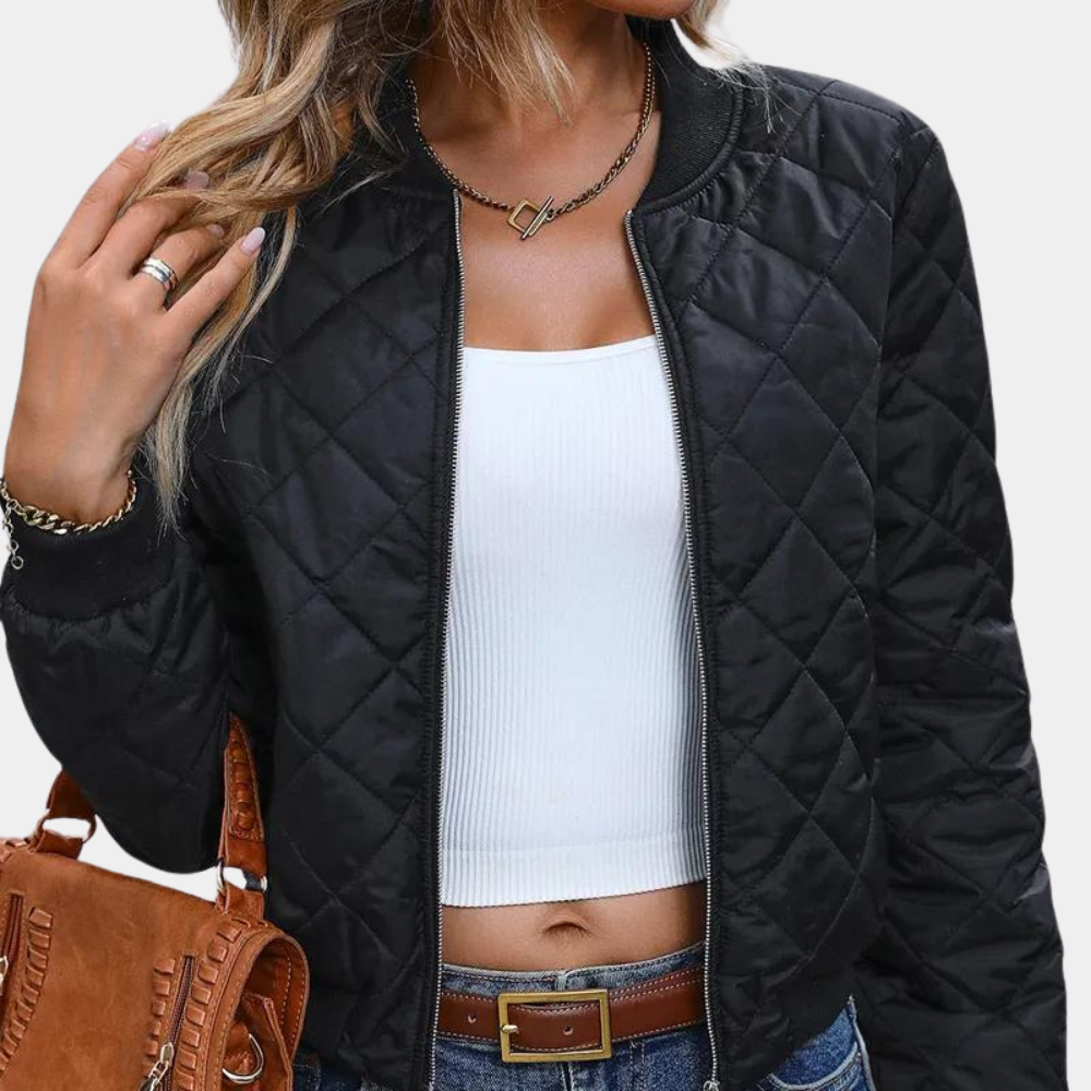Adalyn quilted zip-up bomber jacket, close-up front view