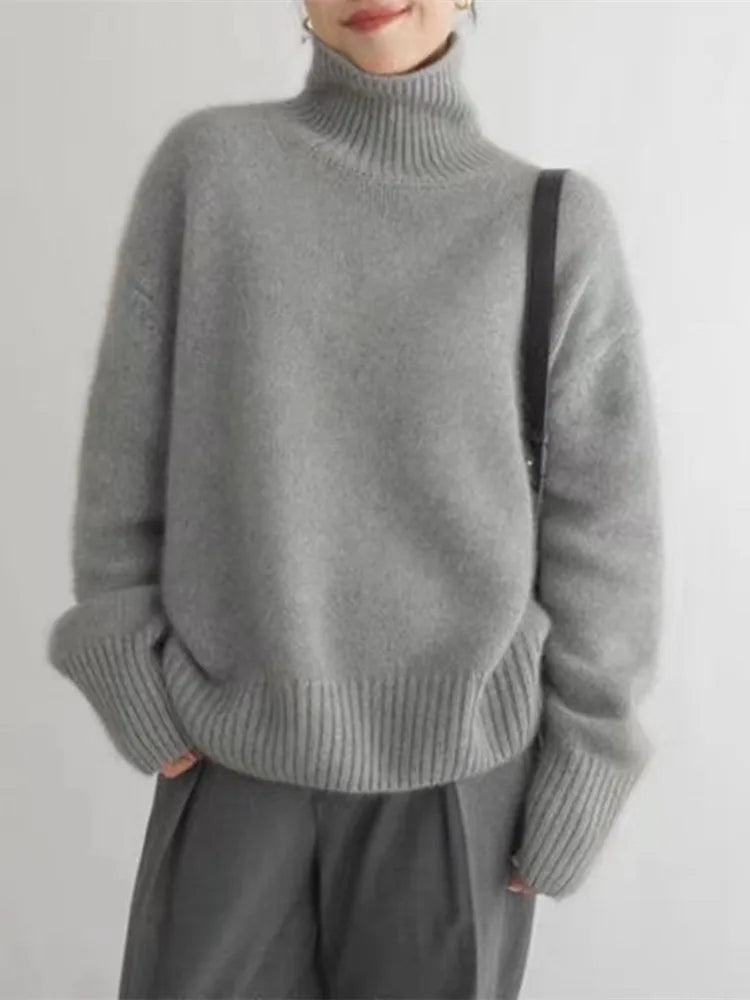 Adalyn ribbed turtleneck sweater in gray, close-up front view